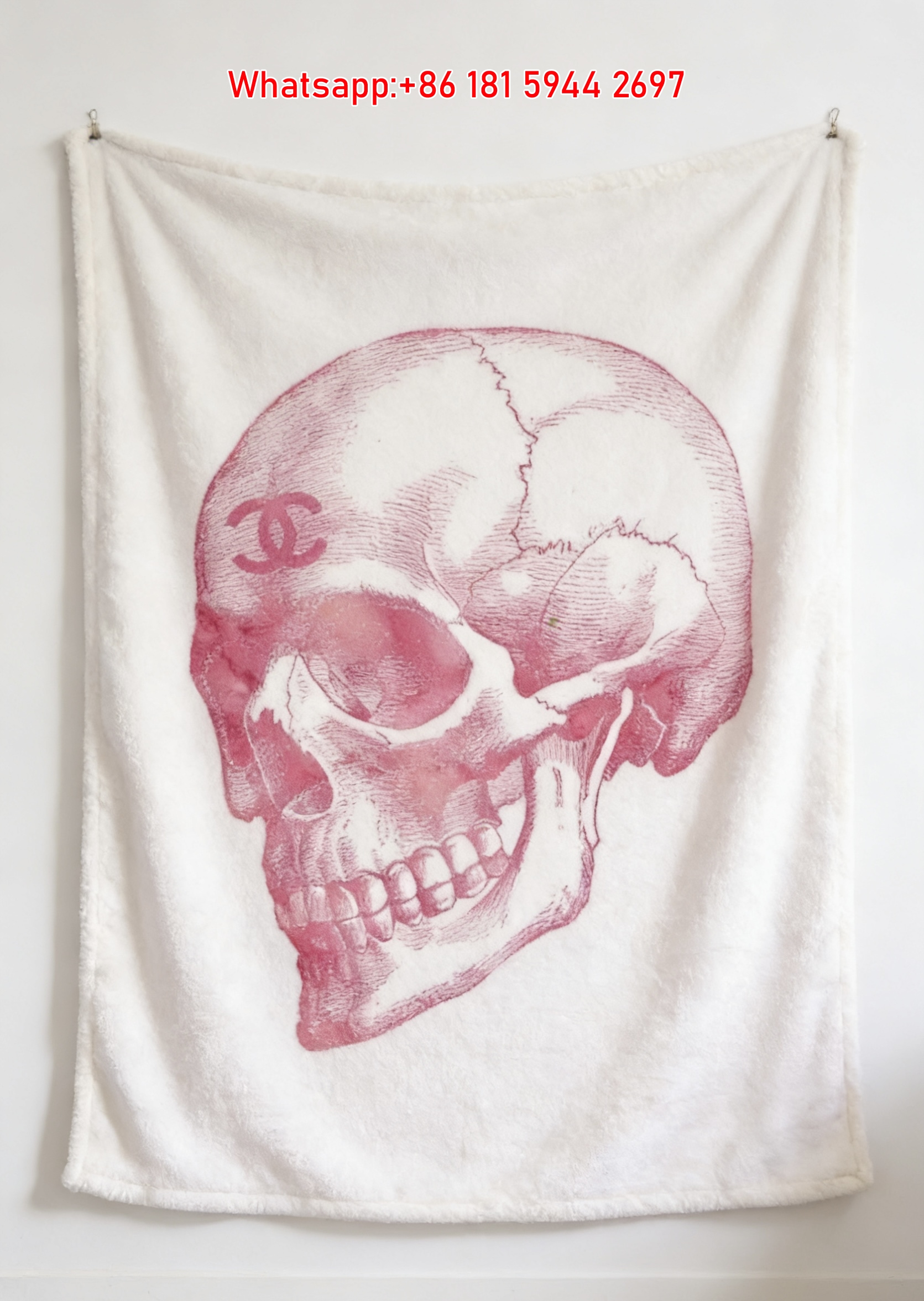 Chanel Inspired Pink Watercolor Skull Art Flannel Throw Blanket IMG_7348